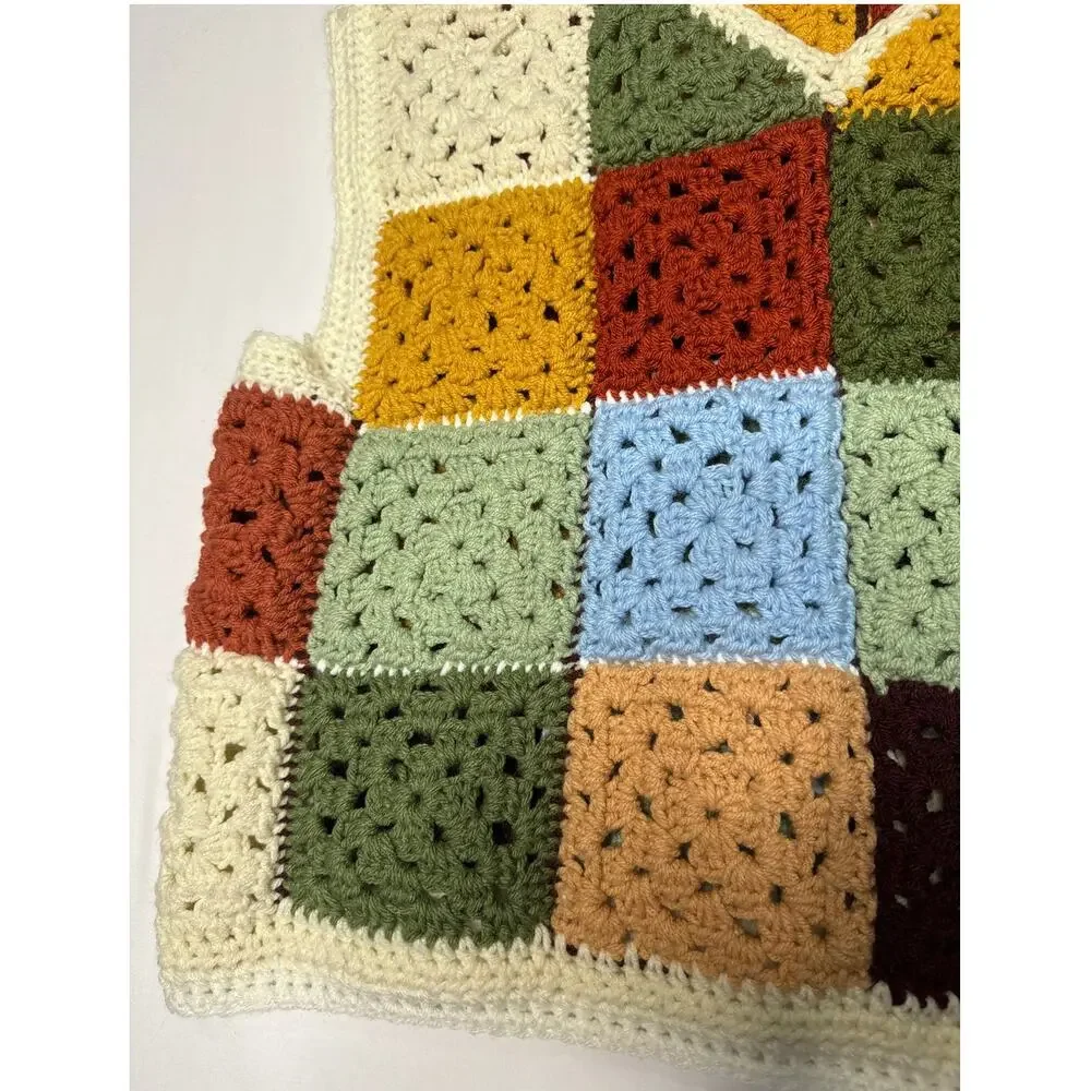 Vintage 1970s Style Handmade Crochet Granny Square Patchwork Vest Unisex XL